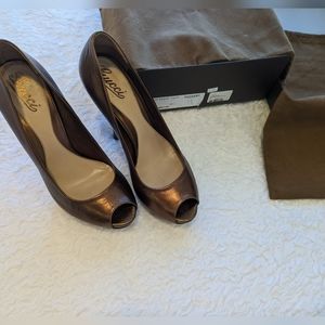 Gucci Light Bronze Nappa Silk Peep Toe Heels